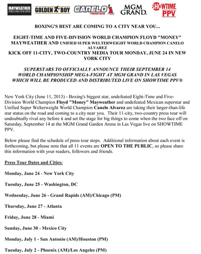 mayweather Canelo Press Tour dates